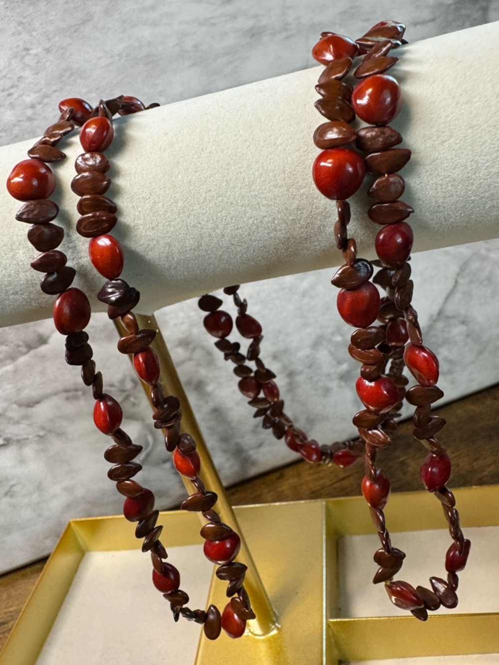 Vintage Boho Natural Seed Necklace Red Sandalwood & Apple Seeds 44" No Clasp - Picture 2 of 5